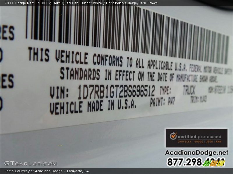 Bright White / Light Pebble Beige/Bark Brown 2011 Dodge Ram 1500 Big Horn Quad Cab