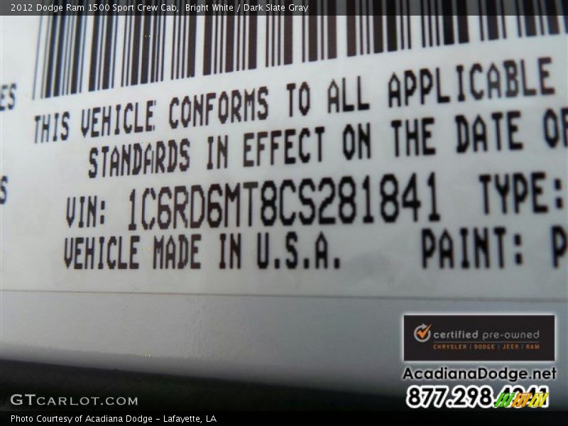 Bright White / Dark Slate Gray 2012 Dodge Ram 1500 Sport Crew Cab