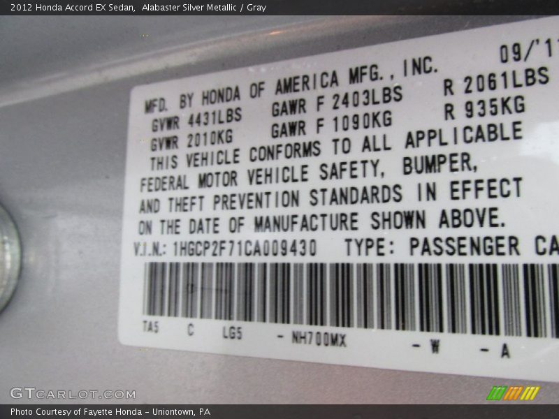 Alabaster Silver Metallic / Gray 2012 Honda Accord EX Sedan