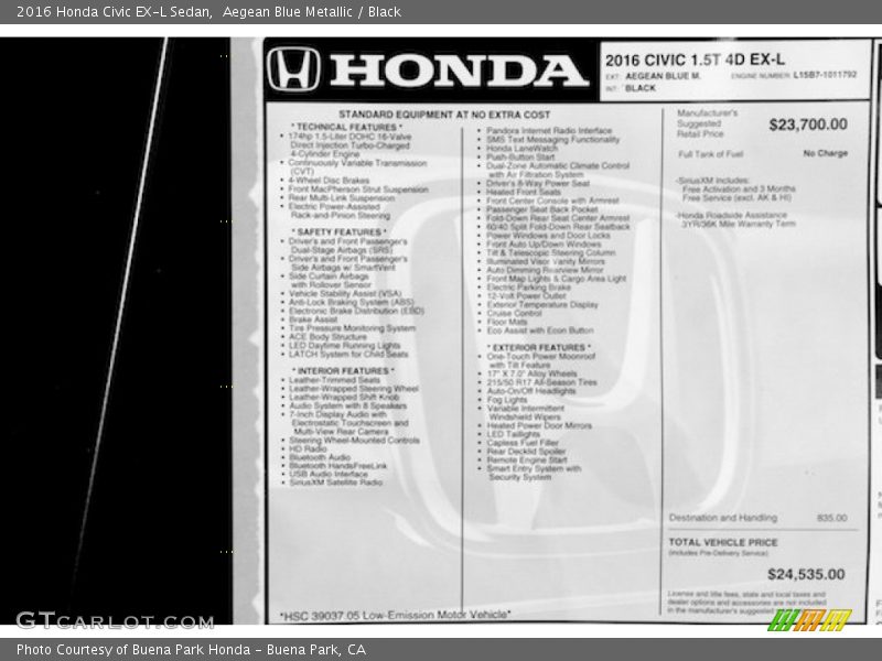 Aegean Blue Metallic / Black 2016 Honda Civic EX-L Sedan