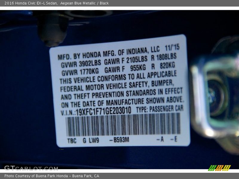 Aegean Blue Metallic / Black 2016 Honda Civic EX-L Sedan