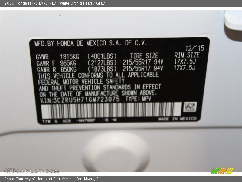 White Orchid Pearl / Gray 2016 Honda HR-V EX-L Navi