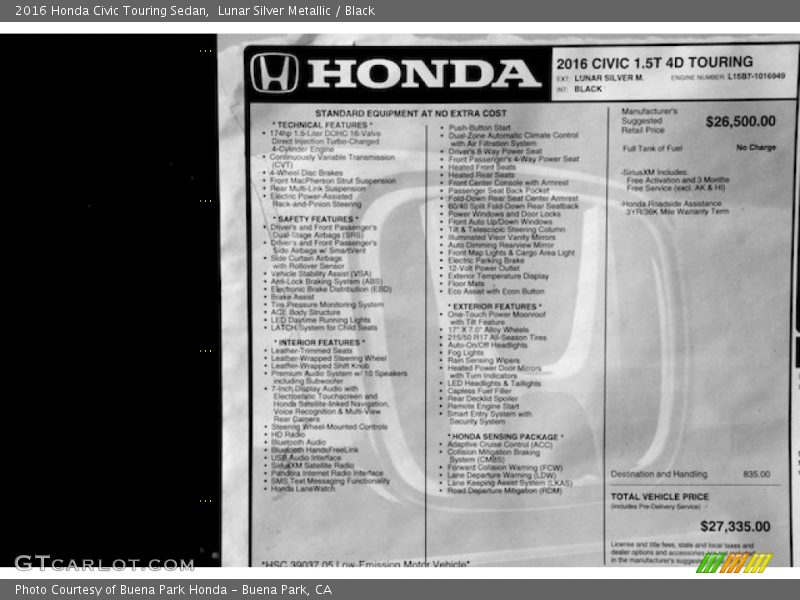 Lunar Silver Metallic / Black 2016 Honda Civic Touring Sedan