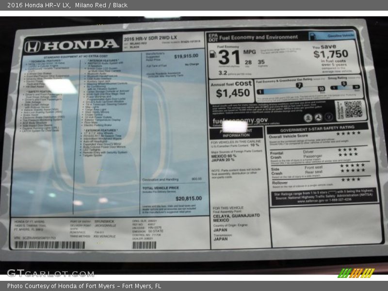 Milano Red / Black 2016 Honda HR-V LX