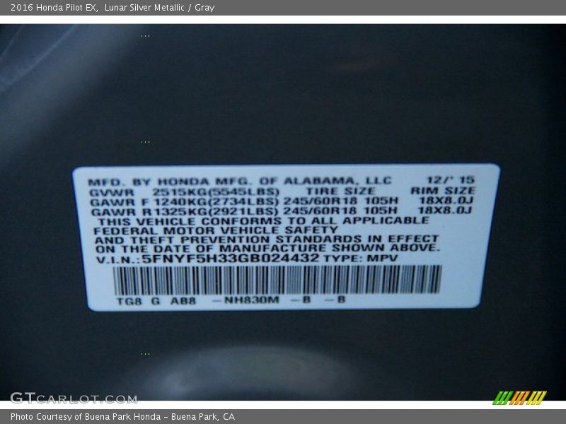 Lunar Silver Metallic / Gray 2016 Honda Pilot EX