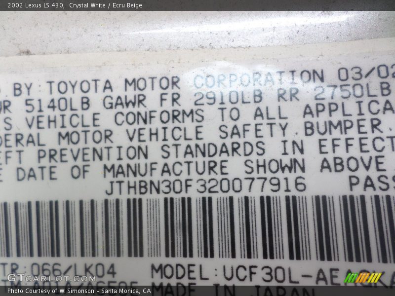 Crystal White / Ecru Beige 2002 Lexus LS 430