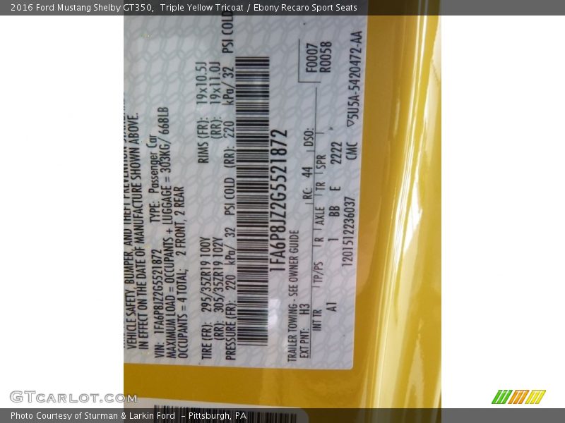 2016 Mustang Shelby GT350 Triple Yellow Tricoat Color Code H3