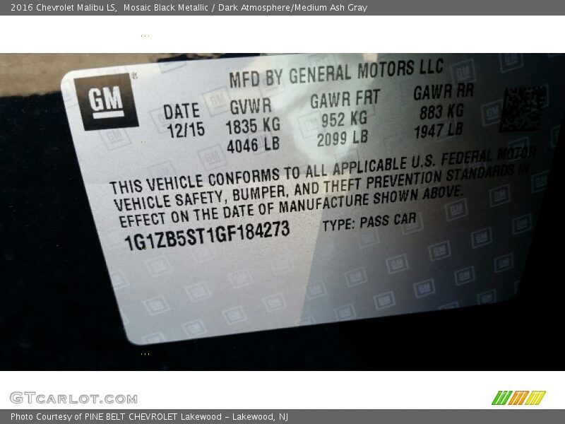 Mosaic Black Metallic / Dark Atmosphere/Medium Ash Gray 2016 Chevrolet Malibu LS