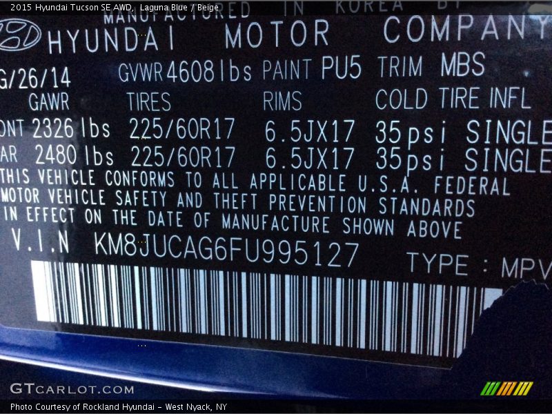 Laguna Blue / Beige 2015 Hyundai Tucson SE AWD