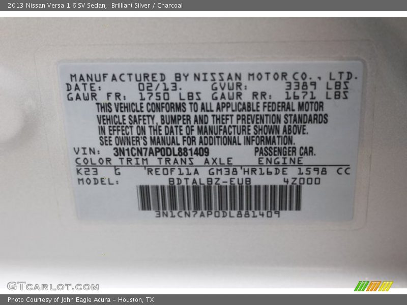 Brilliant Silver / Charcoal 2013 Nissan Versa 1.6 SV Sedan