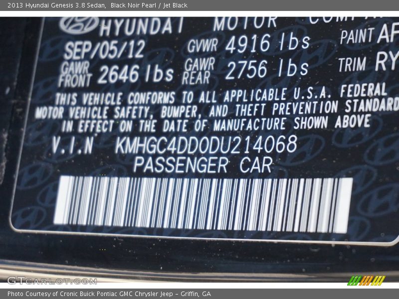 Black Noir Pearl / Jet Black 2013 Hyundai Genesis 3.8 Sedan