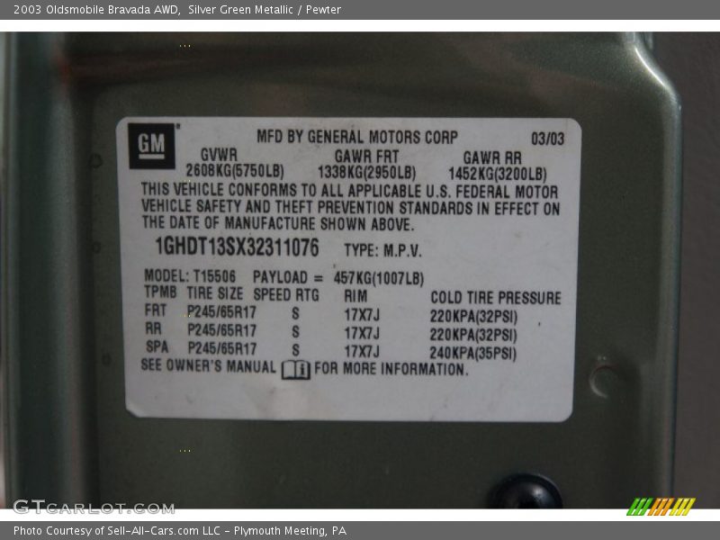 Silver Green Metallic / Pewter 2003 Oldsmobile Bravada AWD