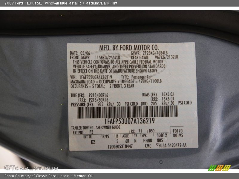 Windveil Blue Metallic / Medium/Dark Flint 2007 Ford Taurus SE