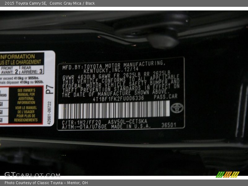 Cosmic Gray Mica / Black 2015 Toyota Camry SE