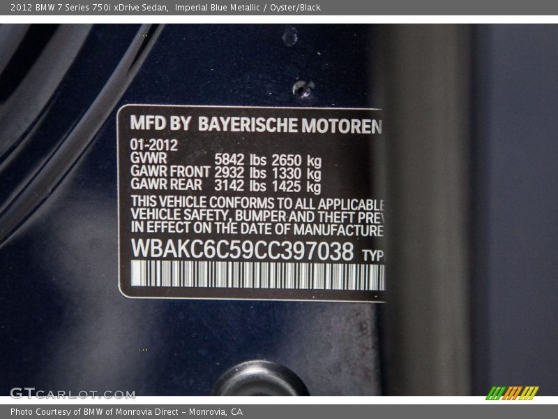 Imperial Blue Metallic / Oyster/Black 2012 BMW 7 Series 750i xDrive Sedan
