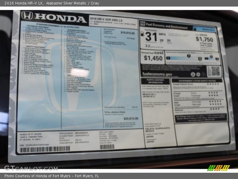 Alabaster Silver Metallic / Gray 2016 Honda HR-V LX