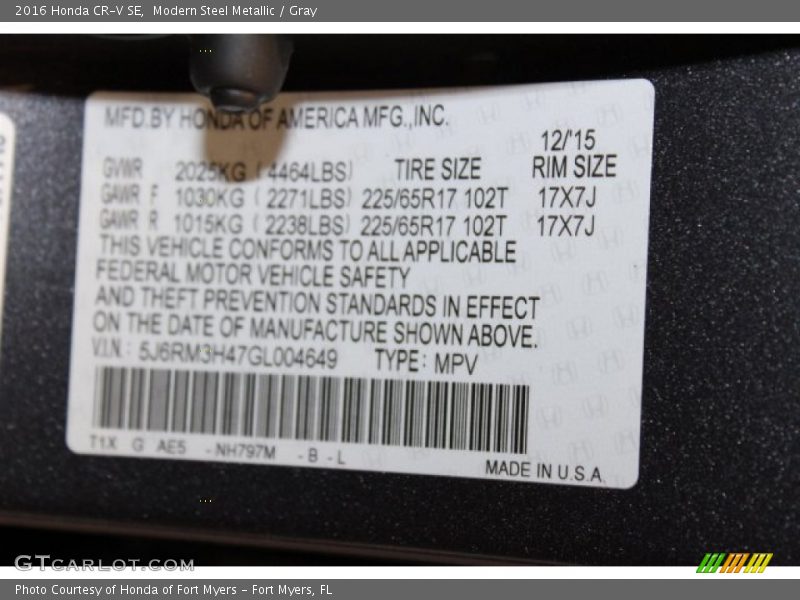 Modern Steel Metallic / Gray 2016 Honda CR-V SE