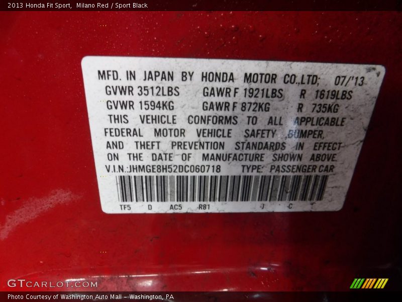 Milano Red / Sport Black 2013 Honda Fit Sport