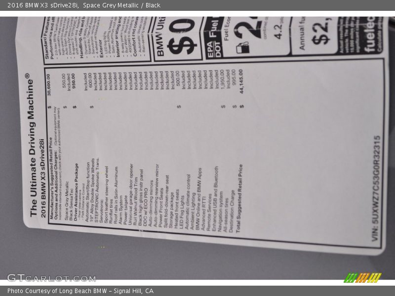  2016 X3 sDrive28i Window Sticker