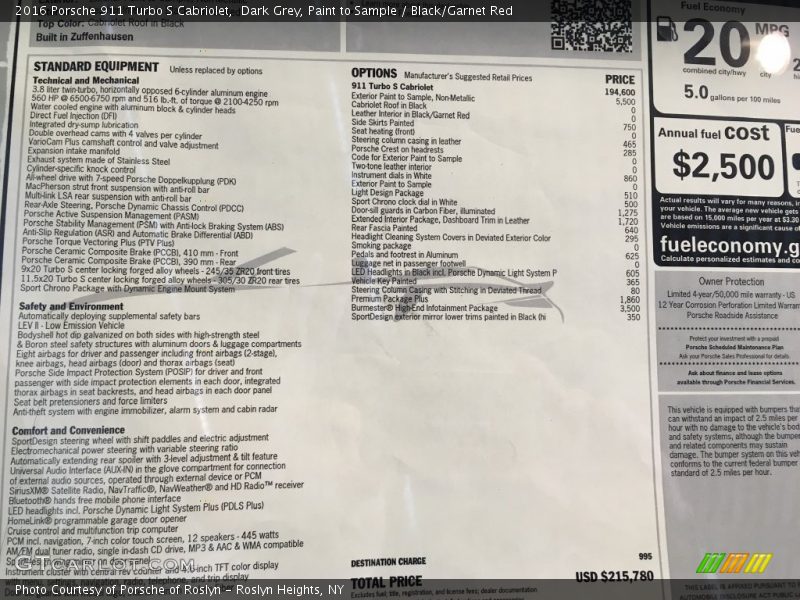  2016 911 Turbo S Cabriolet Window Sticker