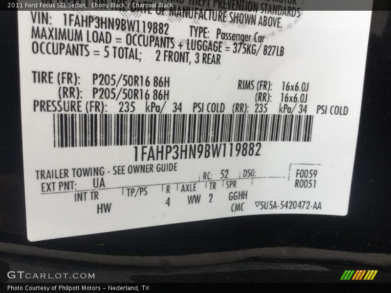 Ebony Black / Charcoal Black 2011 Ford Focus SEL Sedan