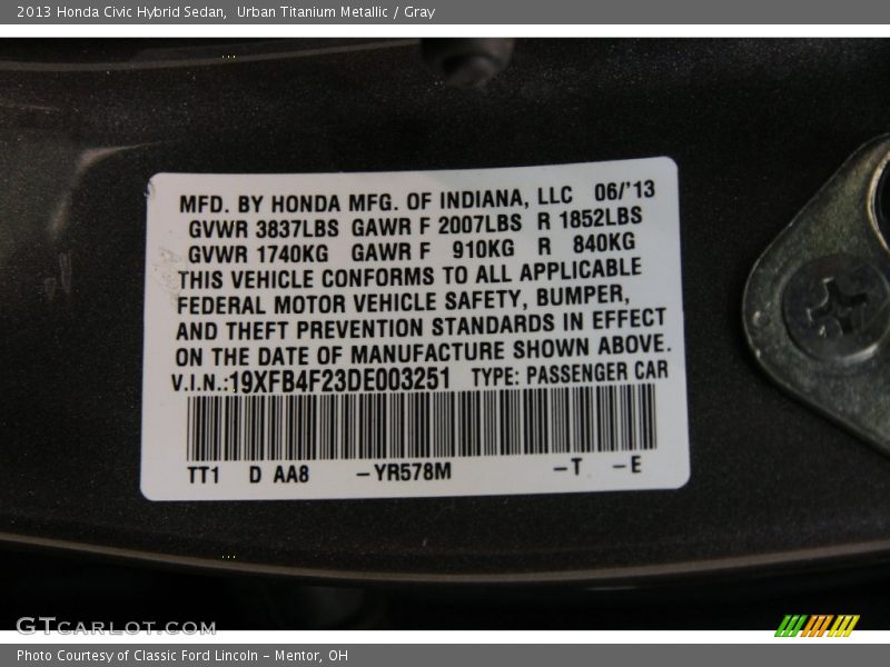 Urban Titanium Metallic / Gray 2013 Honda Civic Hybrid Sedan