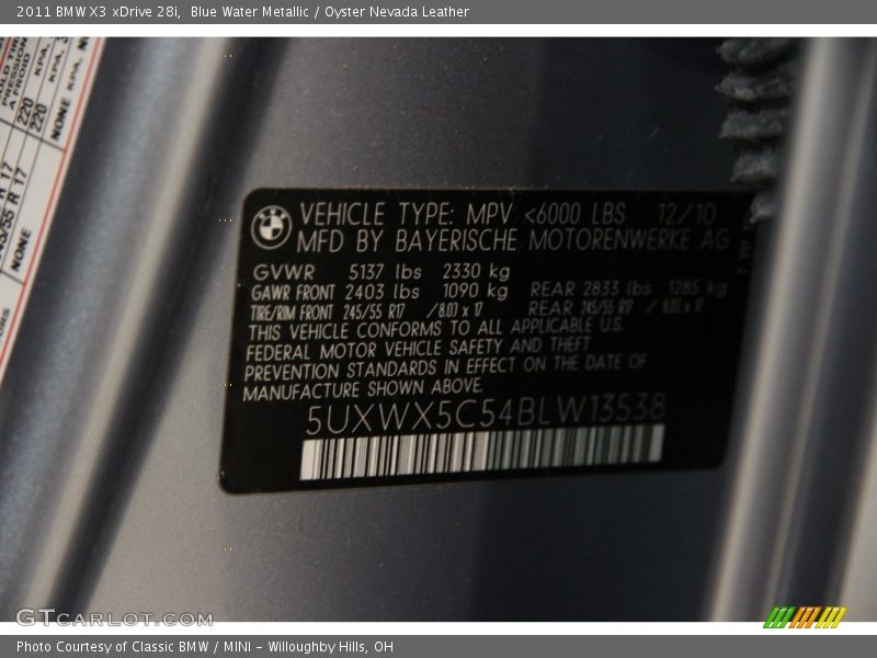 Blue Water Metallic / Oyster Nevada Leather 2011 BMW X3 xDrive 28i