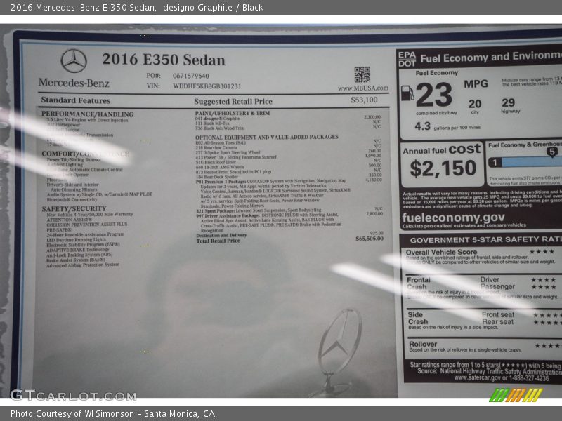  2016 E 350 Sedan Window Sticker