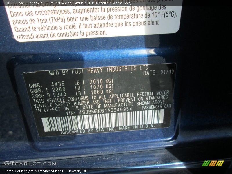Azurite Blue Metallic / Warm Ivory 2010 Subaru Legacy 2.5i Limited Sedan