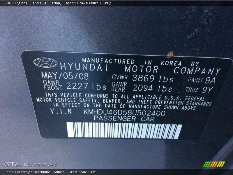 Carbon Gray Metallic / Gray 2008 Hyundai Elantra GLS Sedan