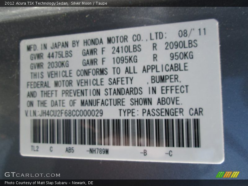 Silver Moon / Taupe 2012 Acura TSX Technology Sedan