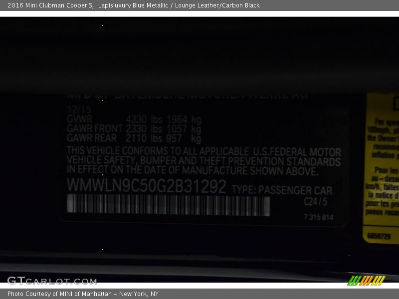 Lapisluxury Blue Metallic / Lounge Leather/Carbon Black 2016 Mini Clubman Cooper S
