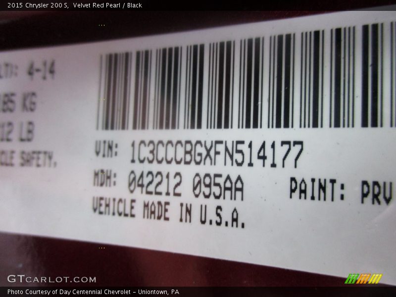 Velvet Red Pearl / Black 2015 Chrysler 200 S