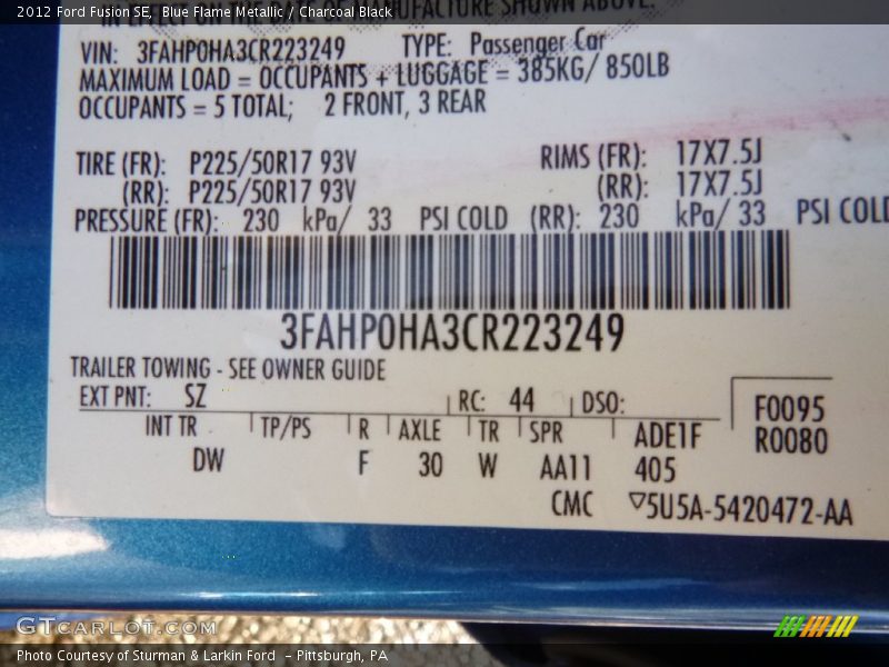 Blue Flame Metallic / Charcoal Black 2012 Ford Fusion SE