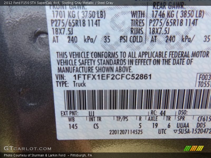 Sterling Gray Metallic / Steel Gray 2012 Ford F150 STX SuperCab 4x4