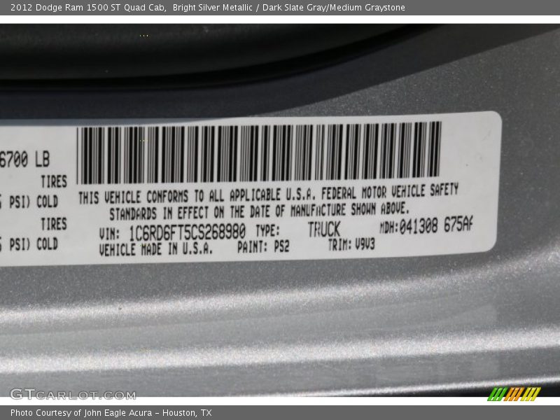 Bright Silver Metallic / Dark Slate Gray/Medium Graystone 2012 Dodge Ram 1500 ST Quad Cab