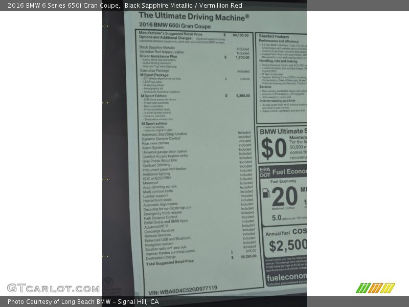  2016 6 Series 650i Gran Coupe Window Sticker