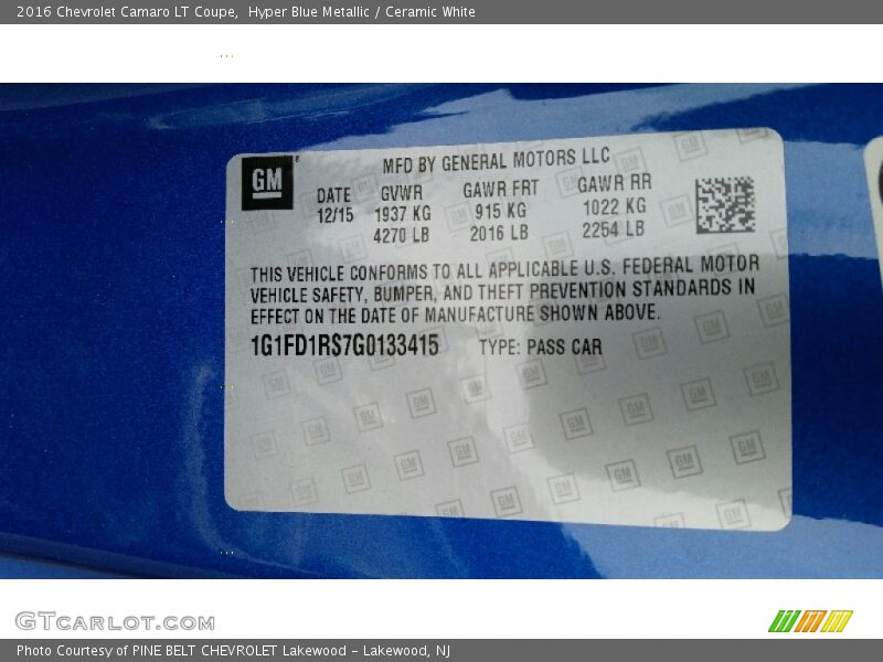 Hyper Blue Metallic / Ceramic White 2016 Chevrolet Camaro LT Coupe