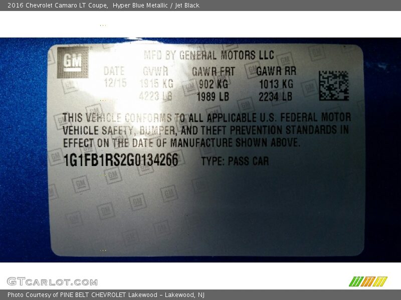 Hyper Blue Metallic / Jet Black 2016 Chevrolet Camaro LT Coupe