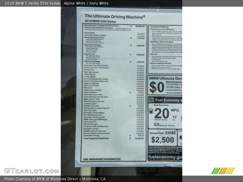 Alpine White / Ivory White 2016 BMW 5 Series 550i Sedan