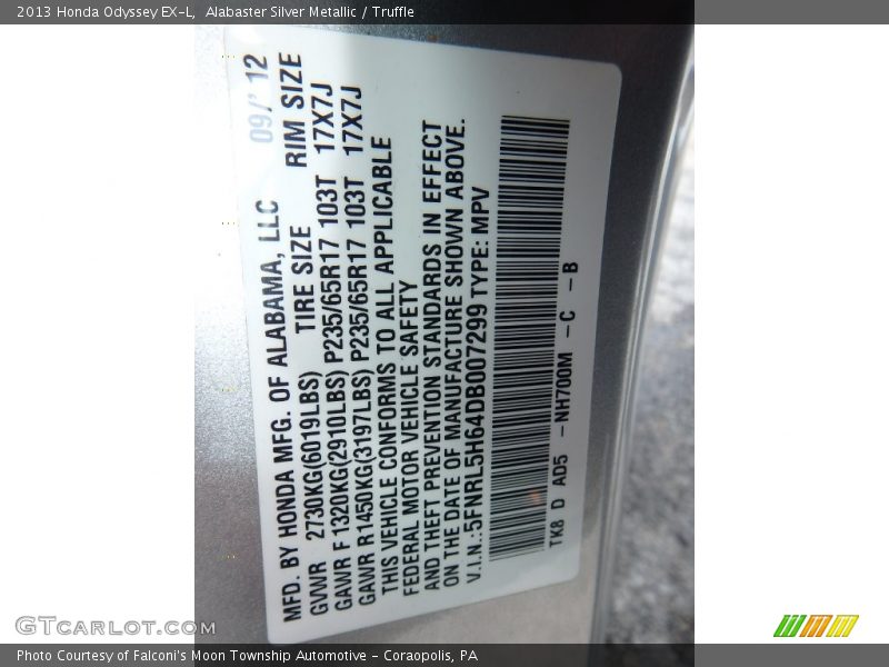 Alabaster Silver Metallic / Truffle 2013 Honda Odyssey EX-L
