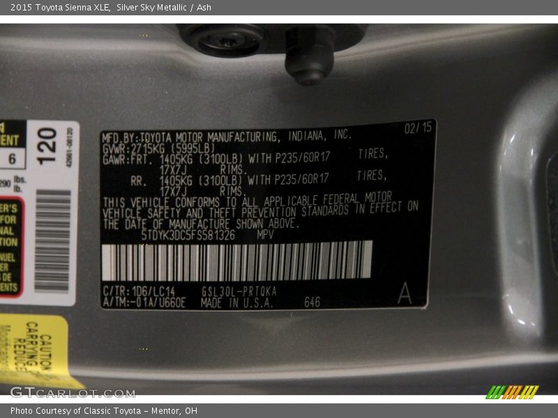 Silver Sky Metallic / Ash 2015 Toyota Sienna XLE
