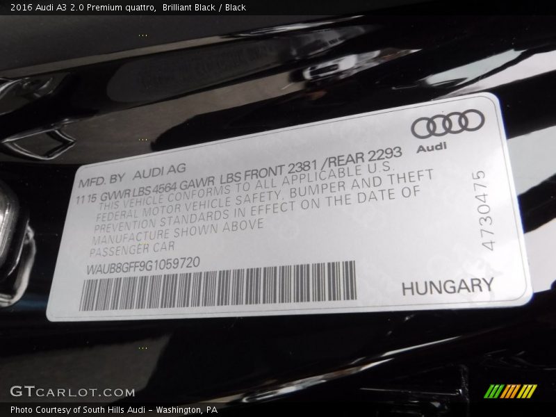 Brilliant Black / Black 2016 Audi A3 2.0 Premium quattro