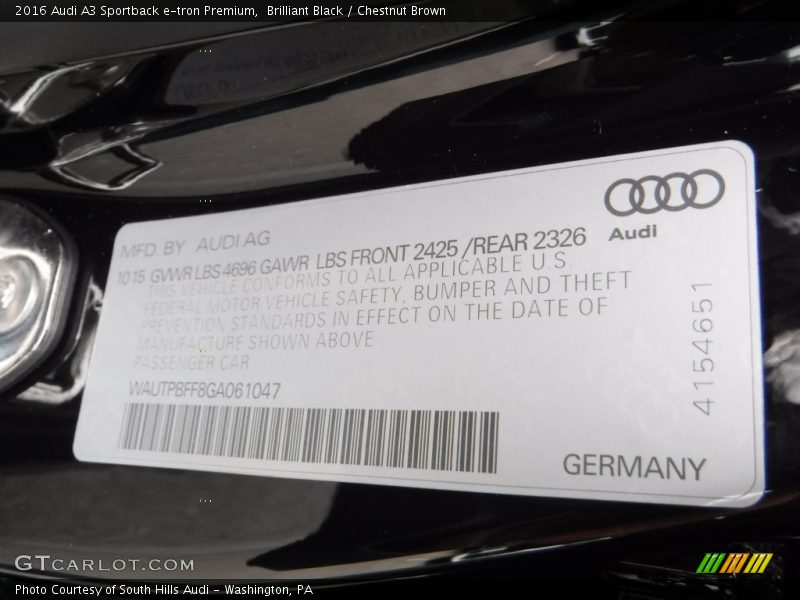 Brilliant Black / Chestnut Brown 2016 Audi A3 Sportback e-tron Premium