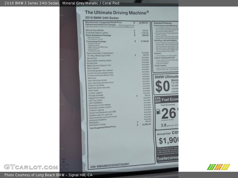 Mineral Grey Metallic / Coral Red 2016 BMW 3 Series 340i Sedan