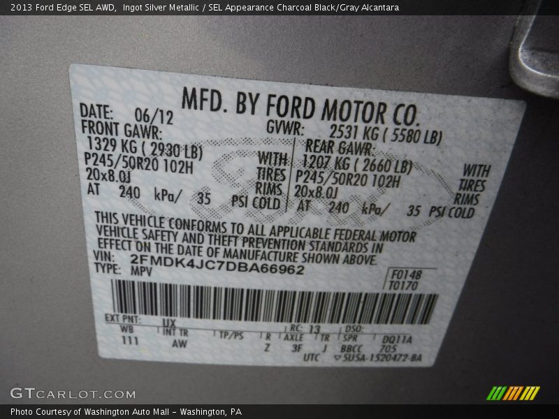 Ingot Silver Metallic / SEL Appearance Charcoal Black/Gray Alcantara 2013 Ford Edge SEL AWD
