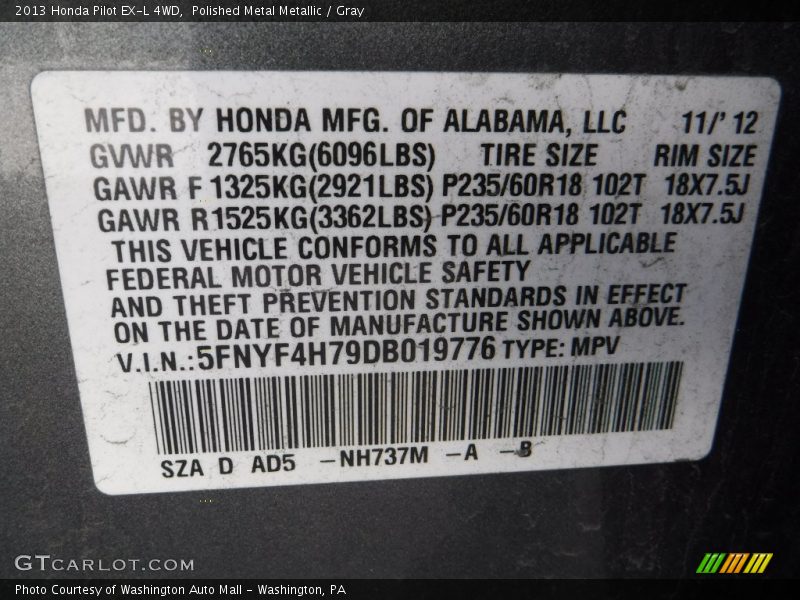 Polished Metal Metallic / Gray 2013 Honda Pilot EX-L 4WD