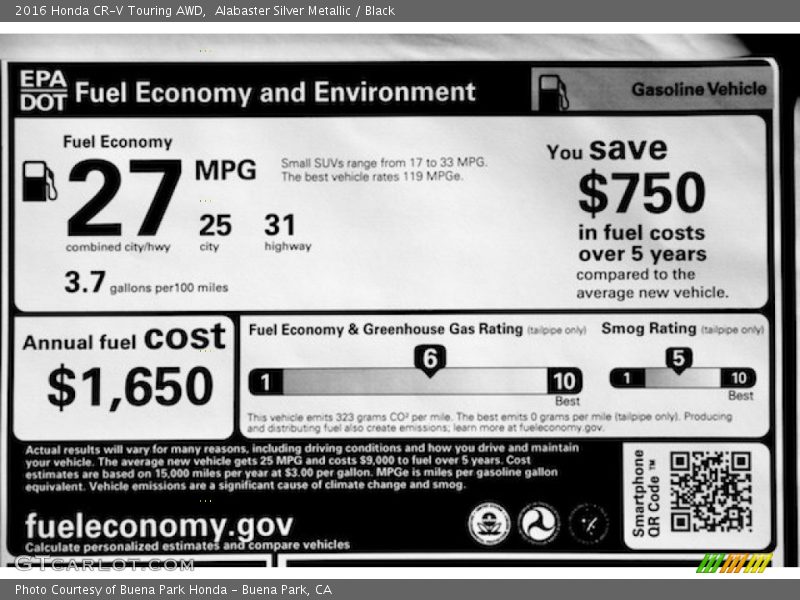 Alabaster Silver Metallic / Black 2016 Honda CR-V Touring AWD