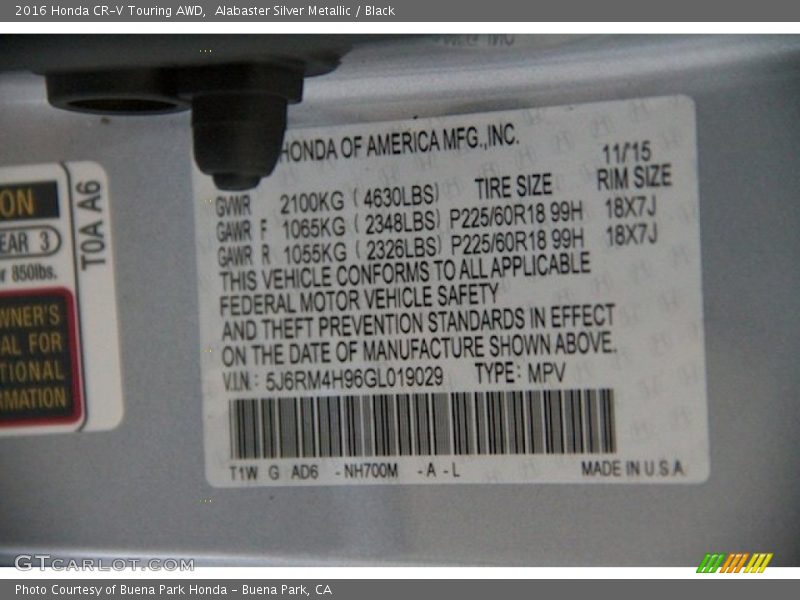Alabaster Silver Metallic / Black 2016 Honda CR-V Touring AWD