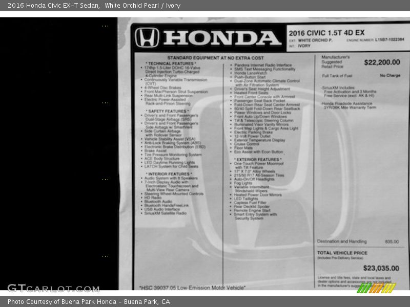 White Orchid Pearl / Ivory 2016 Honda Civic EX-T Sedan